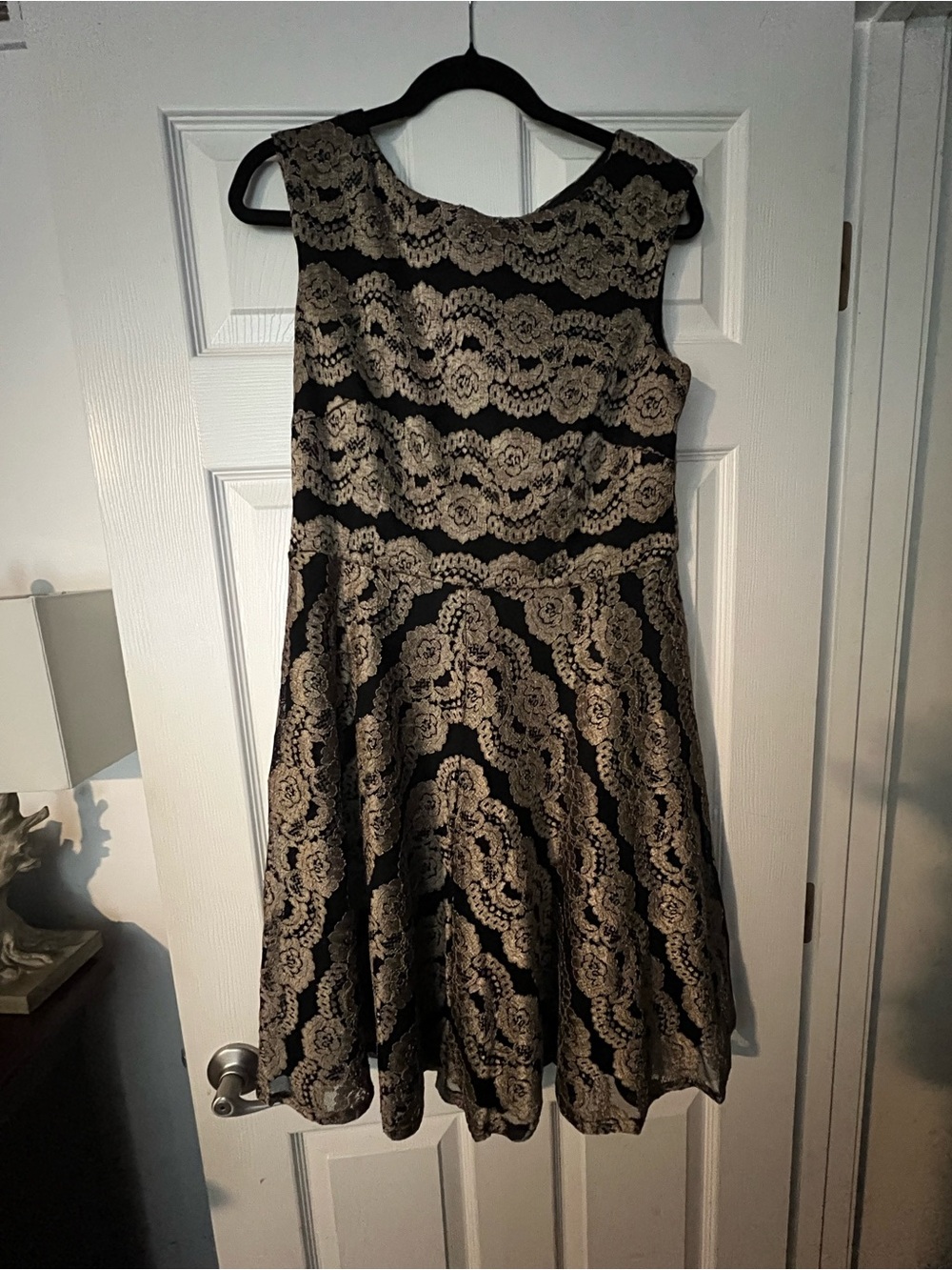 SLNY Black and Gold Lace Fit-and-Flare Midi Dress
